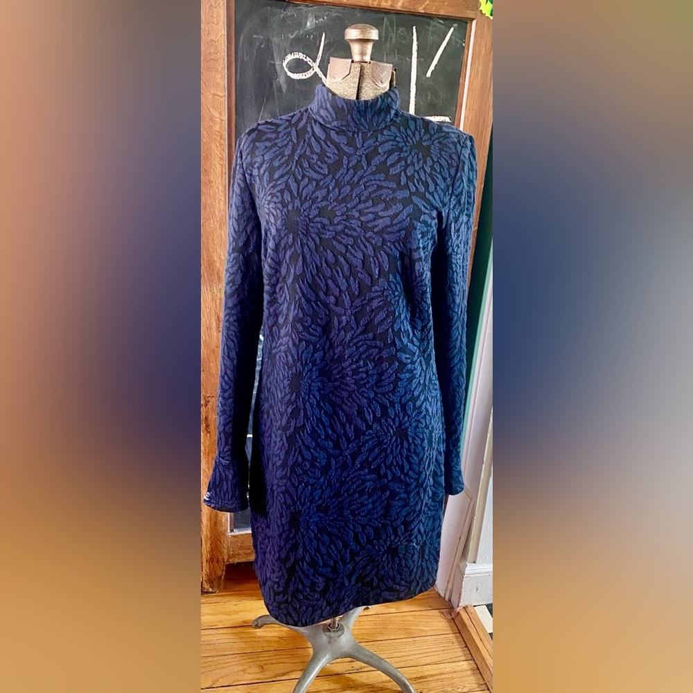 Anthropologie Hutch Blue and Black Floral Dress Mock Neck Bell Sleeves Size M